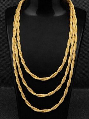 Vintage Gold Tone Mesh Tube Double Strand Twist Chain Necklace 58"